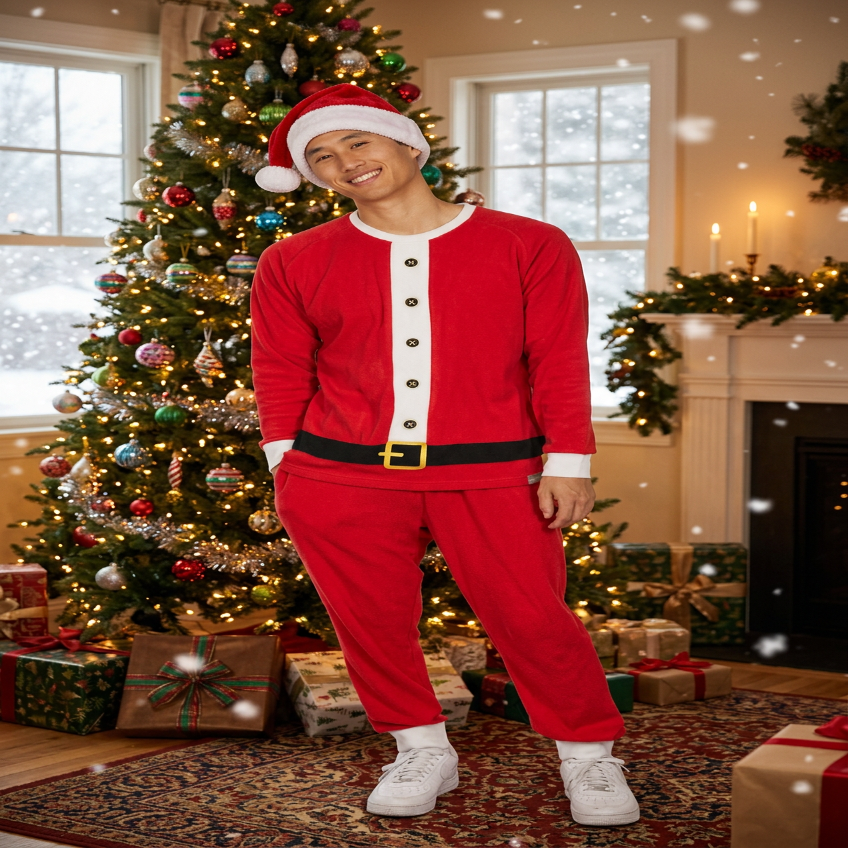 Mens Red Santa Squad Pajama Set with Crew Neck Top and Pocketed Drawstring Pants
