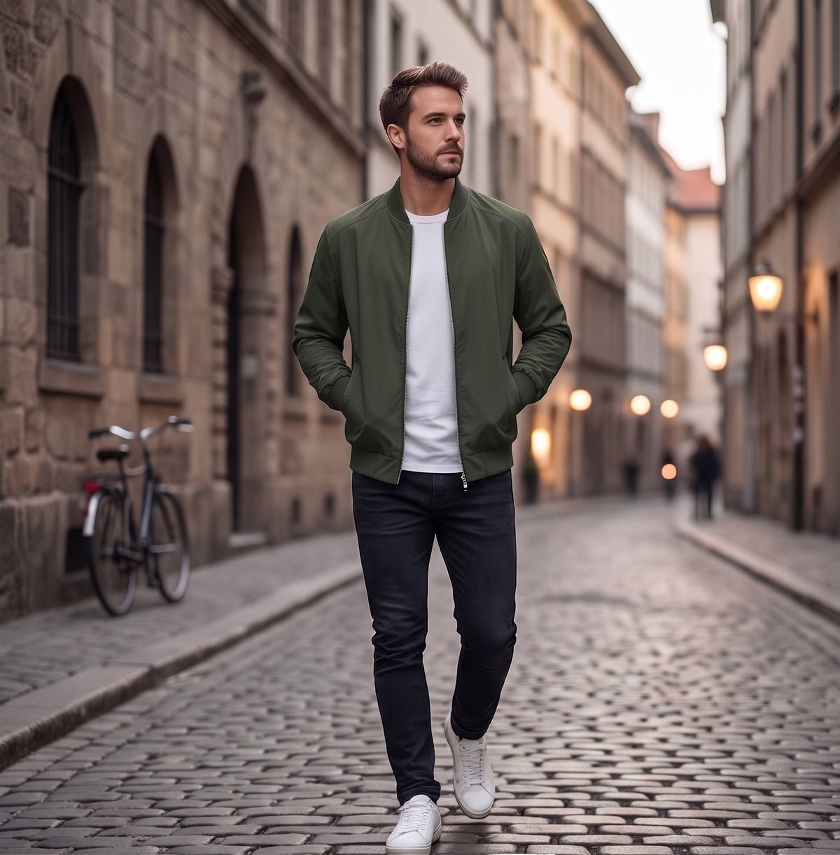 Men's Bomber Jacket with Metal Zipper, Rib Knit Collar and Matte Wind-Resistant Finish