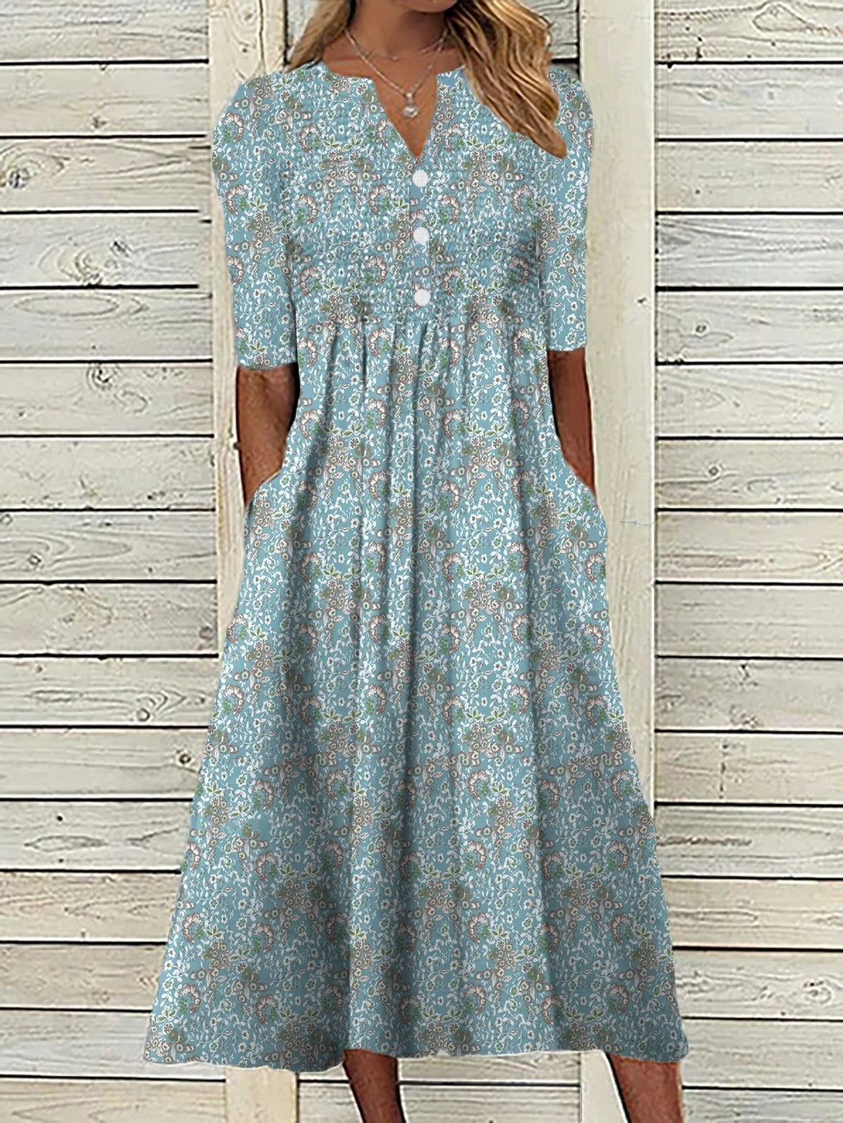 Floral Midi Dress with V-Neckline and Half Sleeves, Lightweight Breathable Fabric