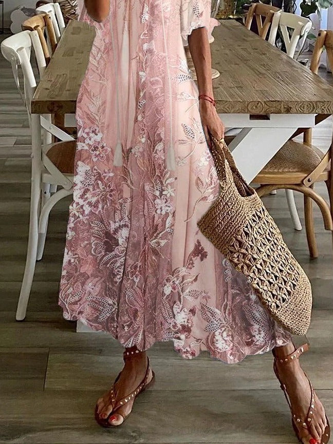 Floral Maxi Dress with Lace Details and V-Neckline for Women, Half Sleeves