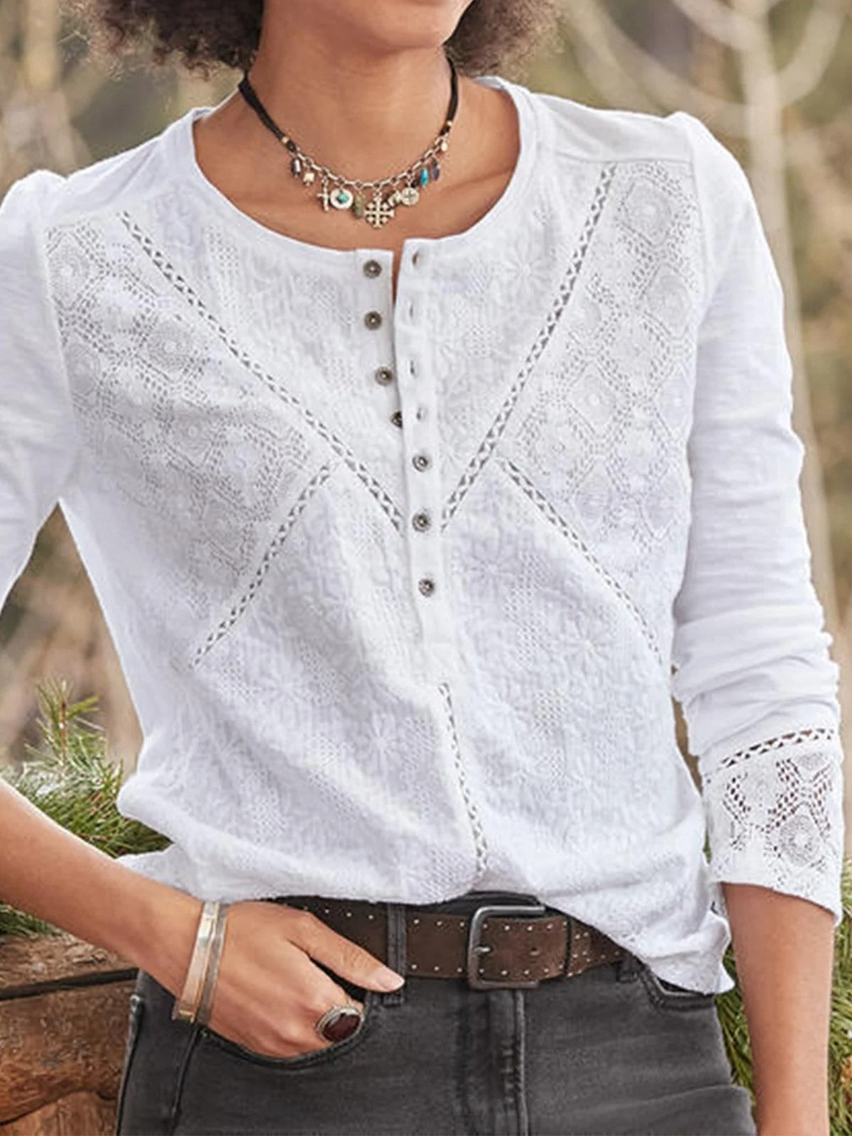 Long Sleeve Top with Lace Detailing and Crew Neck for Women