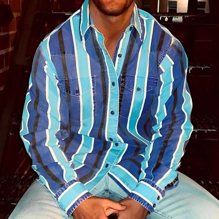 Long Sleeve Shirt with Retro Color Block Stripes and Button Down Front for Men