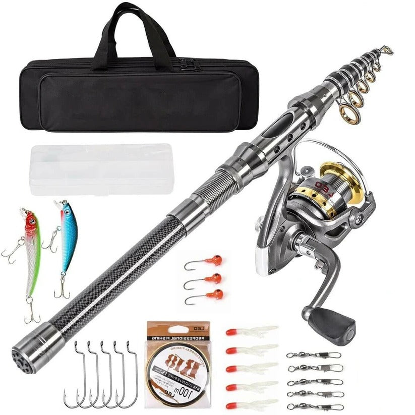 Telescopic Fishing Rod and Reel Combo with Metal Spool, Carbon Fiber Construction