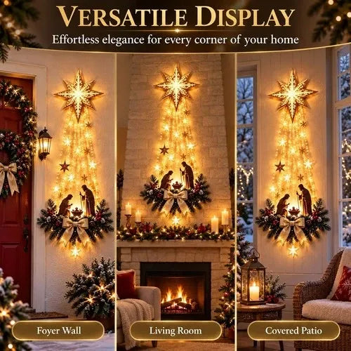 Lighted Hanging Nativity Ornament with Resin Holy Family Figures, a Cut Star and Warm White LED Lights