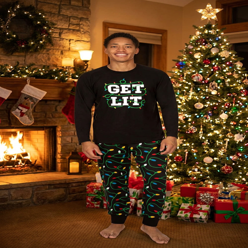 Mens Christmas Pajama Set with Fairy Light Tree Top and Decorated Pants