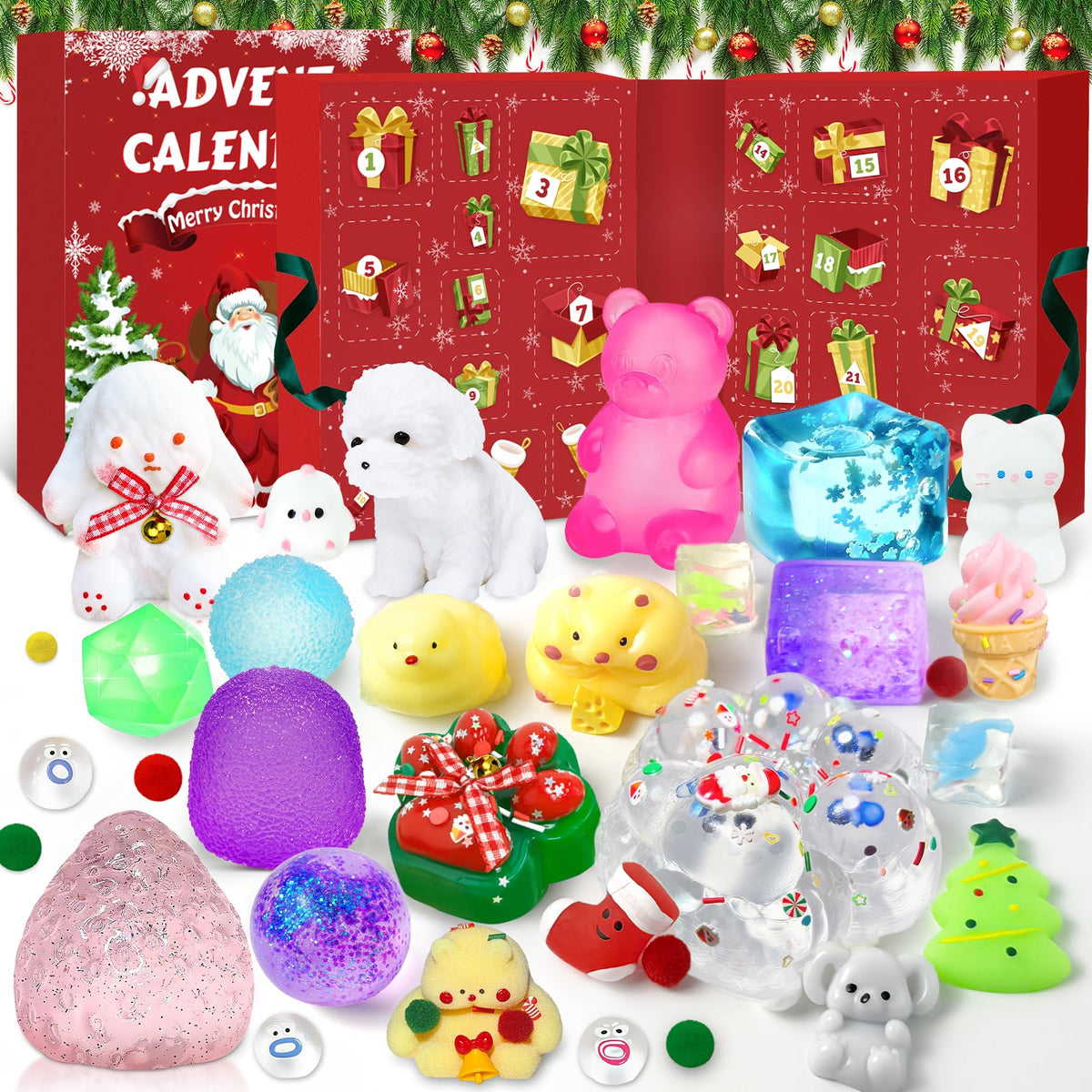 Daily Surprise Box with 24 Soft Squishy Toys in a Red Santa Box That Opens 23.8 Inches Wide