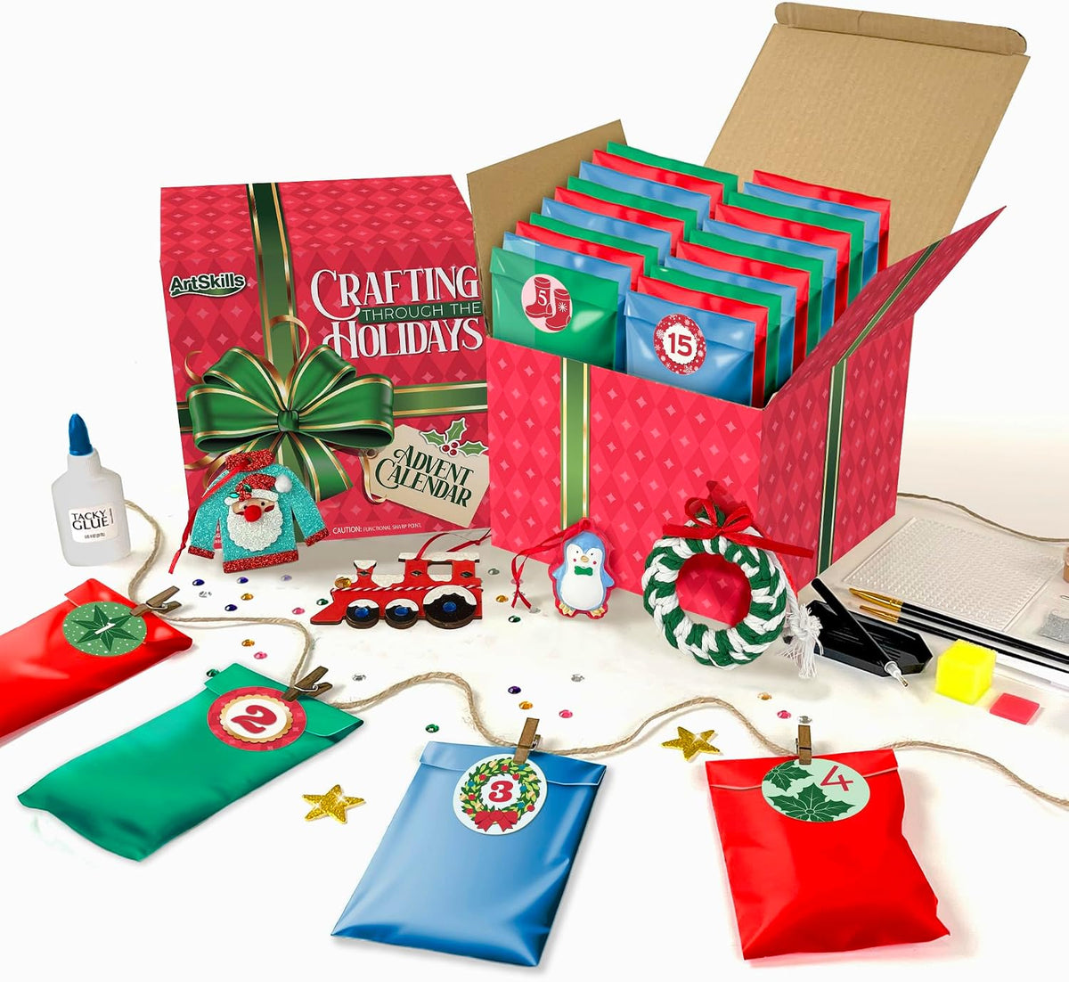 Twenty Five Bag Holiday Craft Box of Diamond Art, Paint by Number and Ornament Kits for Kids and Grown Ups