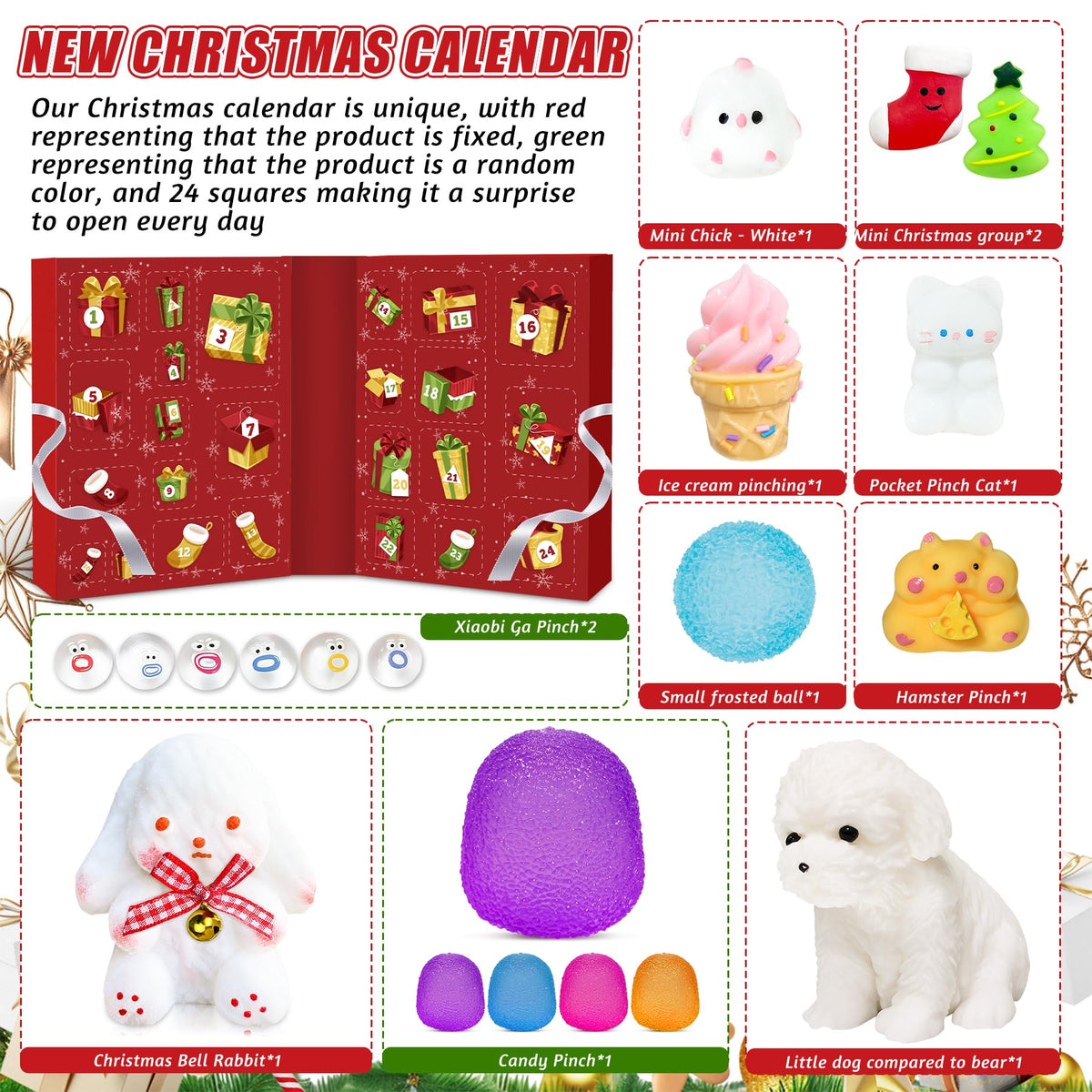 Daily Surprise Box with 24 Soft Squishy Toys in a Red Santa Box That Opens 23.8 Inches Wide