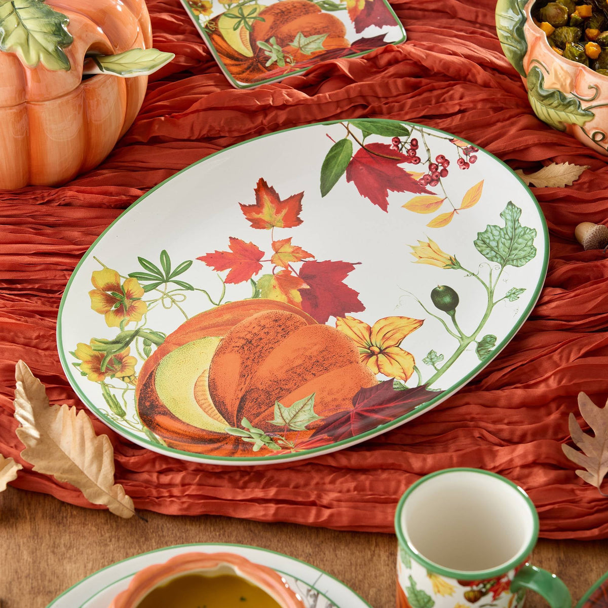 Large Harvest Platter with Pumpkin Florals and 16x12 Inch Ceramic Oval for Hosting