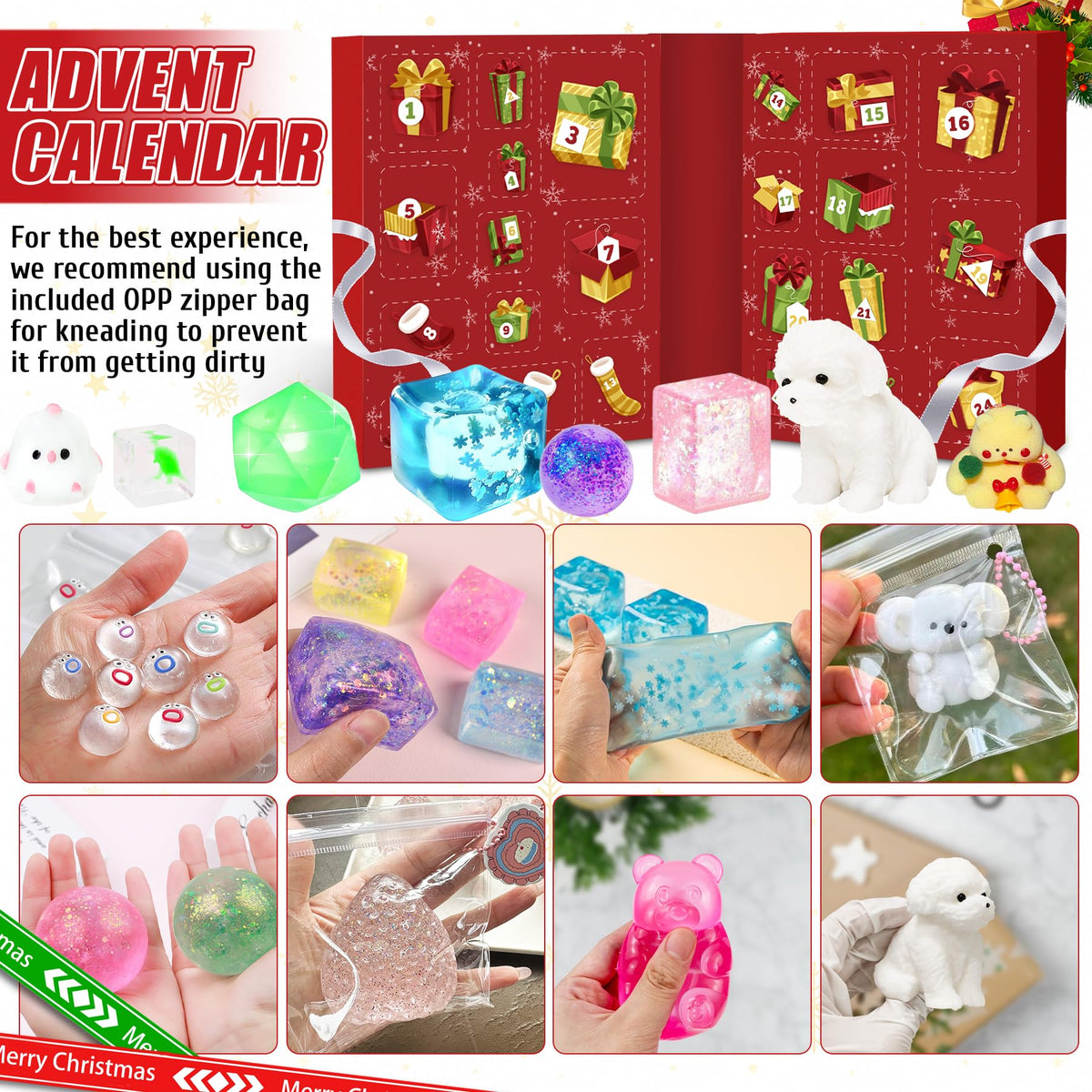 Daily Surprise Box with 24 Soft Squishy Toys in a Red Santa Box That Opens 23.8 Inches Wide