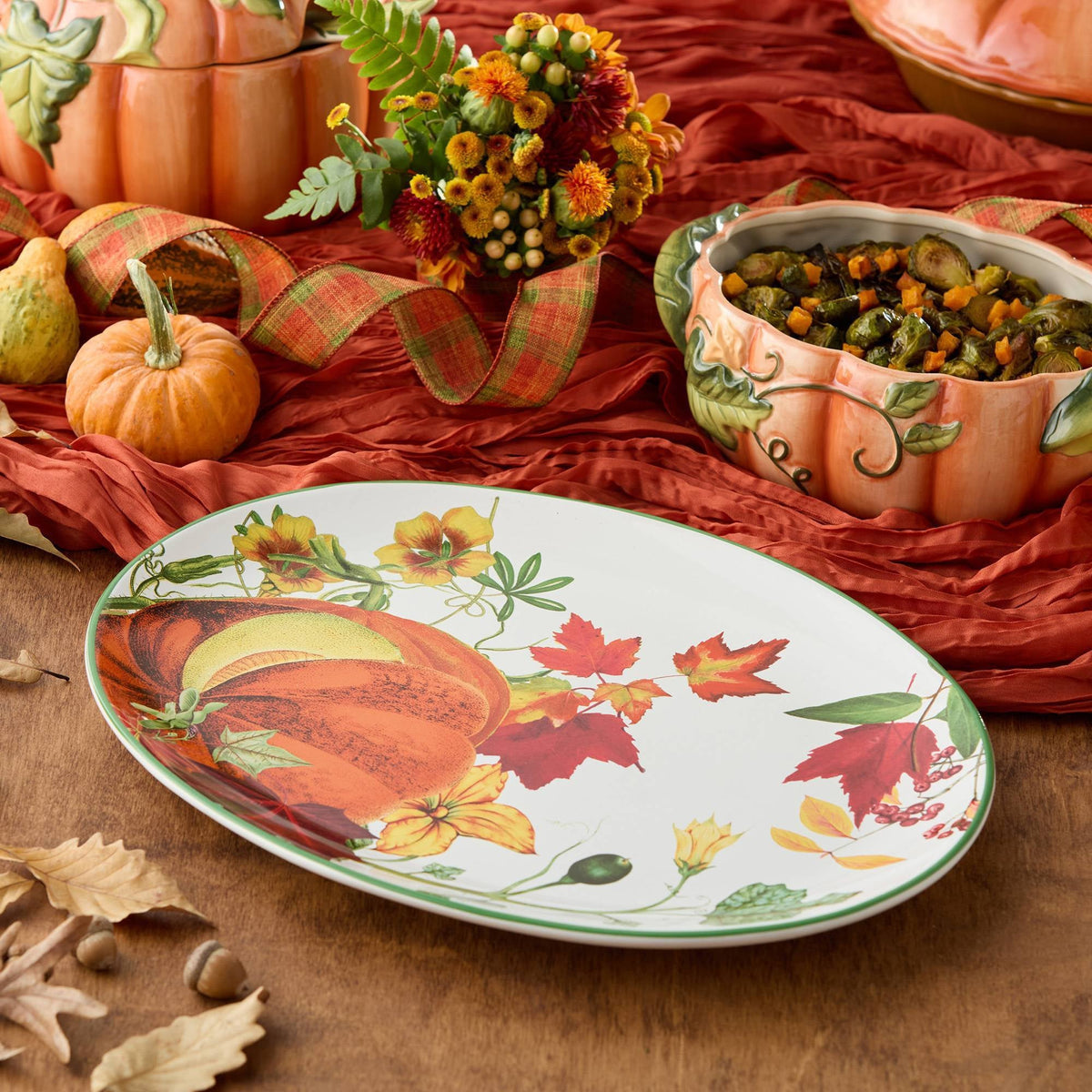 Large Harvest Platter with Pumpkin Florals and 16x12 Inch Ceramic Oval for Hosting
