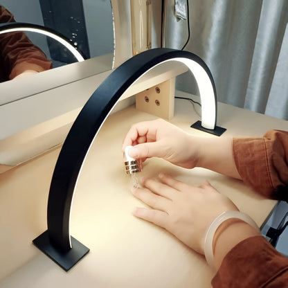 Adjustable LED Desk Lamp with Crescent Metal Frame and Dimming Control