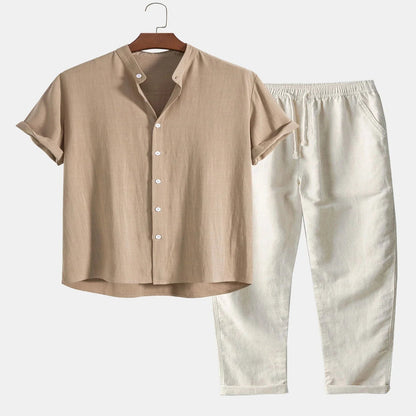 Linen Shirt and Pants Set with Stand Collar and Short Sleeves for Men