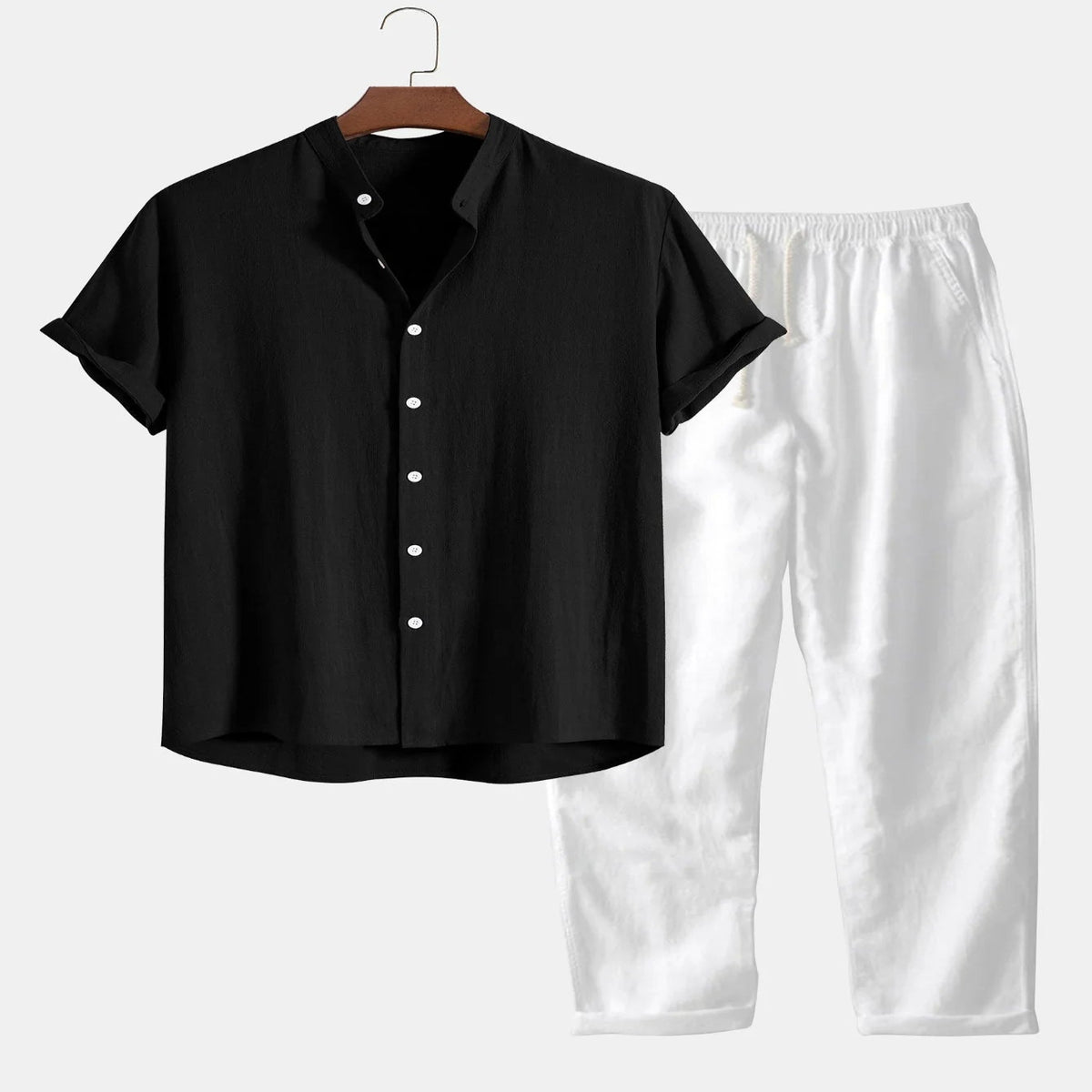 Linen Shirt and Pants Set with Stand Collar and Short Sleeves for Men