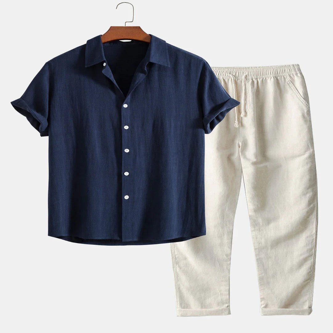 Linen Shirt and Pants Set with Stand Collar and Short Sleeves for Men