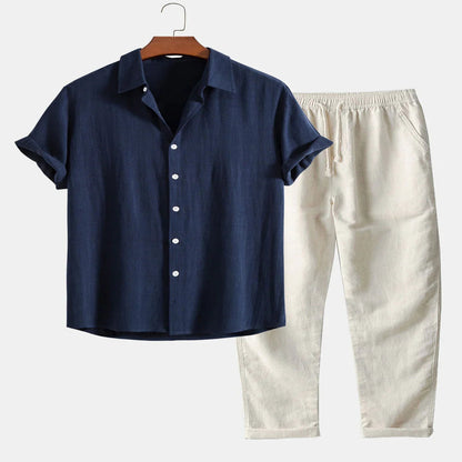 Linen Shirt and Pants Set with Stand Collar and Short Sleeves for Men