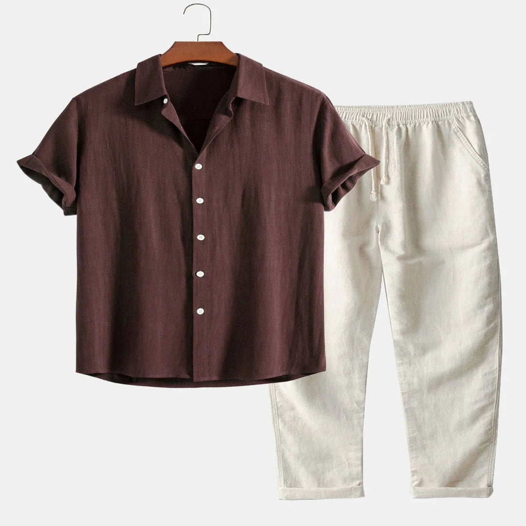 Linen Shirt and Pants Set with Stand Collar and Short Sleeves for Men