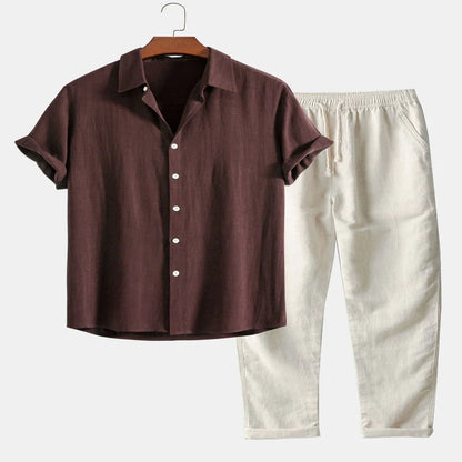 Linen Shirt and Pants Set with Stand Collar and Short Sleeves for Men