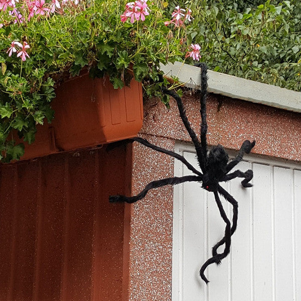 Jumbo Hairy Black Spider Prop with Red Eyes and Posable Legs, 29.5 Inches Tall