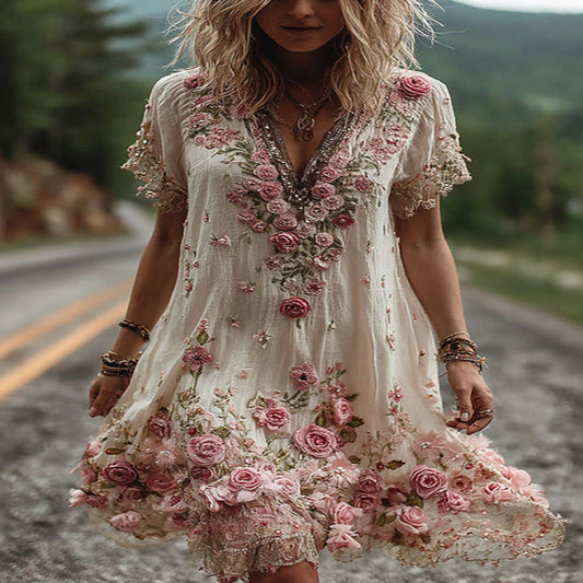 Floral Print Maxi Dress with Embroidered Detail and V neck Design, Machine Washable