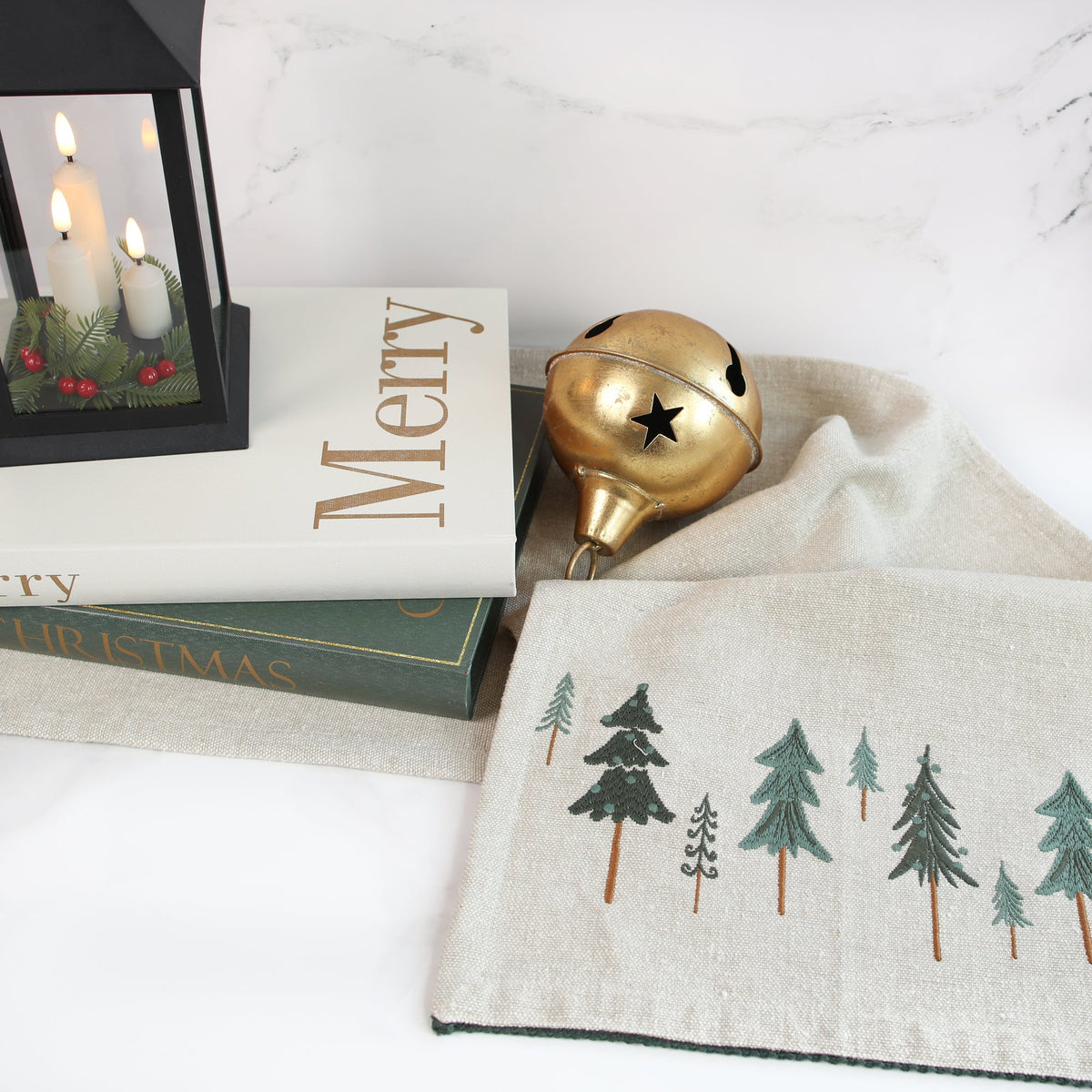 Embroidered Tree Table Runner with Neutral Fabric 74.5 Inches Long