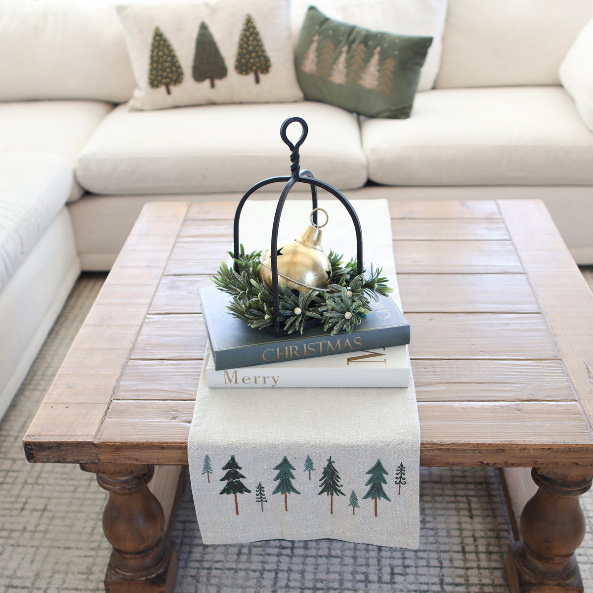 Embroidered Tree Table Runner with Neutral Fabric 74.5 Inches Long