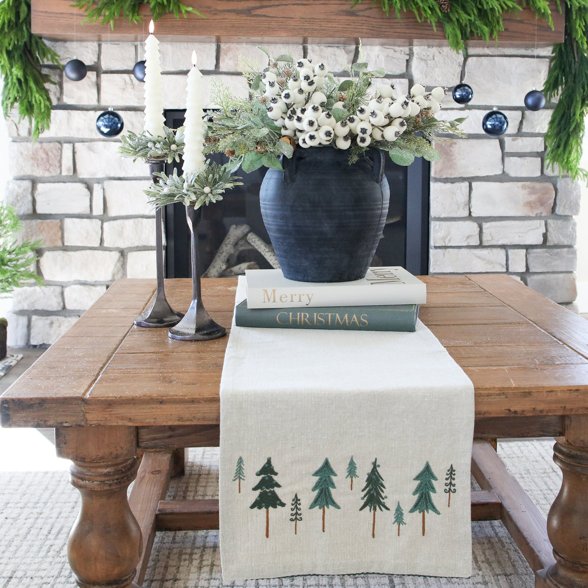 Embroidered Tree Table Runner with Neutral Fabric 74.5 Inches Long