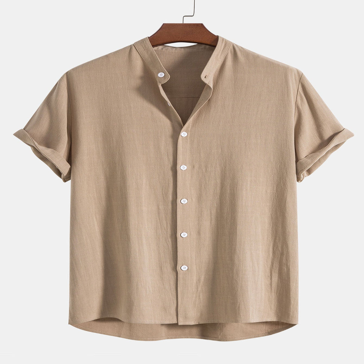 Linen Shirt and Pants Set with Stand Collar and Short Sleeves for Men