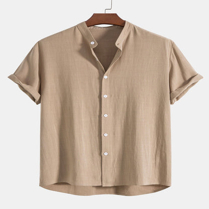 Linen Shirt and Pants Set with Stand Collar and Short Sleeves for Men
