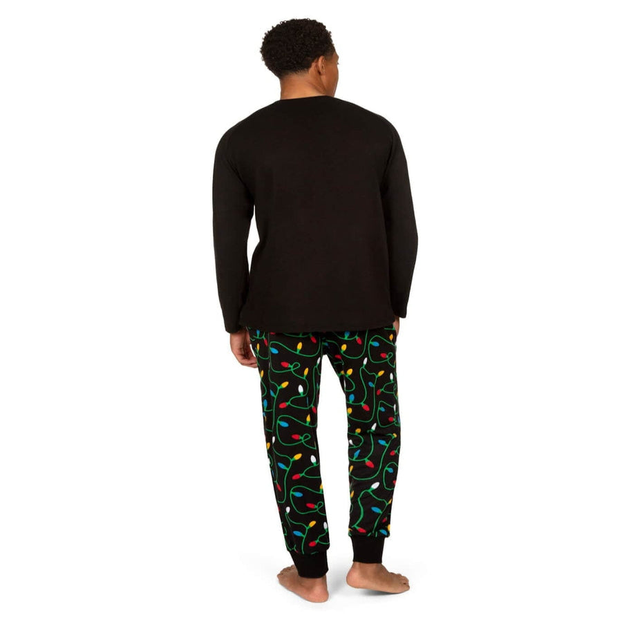 Mens Christmas Pajama Set with Fairy Light Tree Top and Decorated Pants