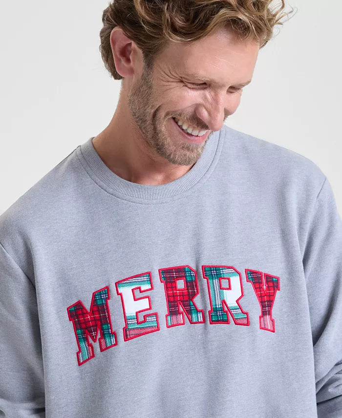 Merry Plaid Applique Pullover Sweatshirt That Reaches the Hips with Roomy Fit and Soft Stretch