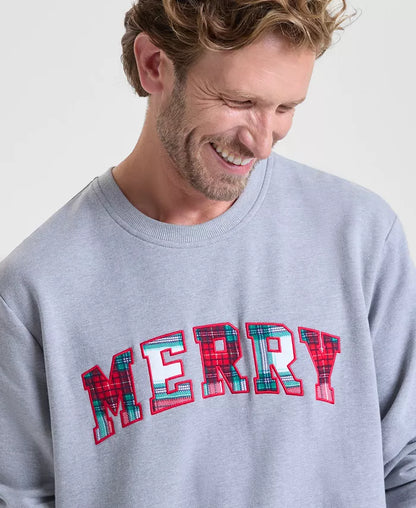 Merry Plaid Applique Pullover Sweatshirt That Reaches the Hips with Roomy Fit and Soft Stretch