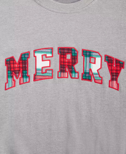 Merry Plaid Applique Pullover Sweatshirt That Reaches the Hips with Roomy Fit and Soft Stretch