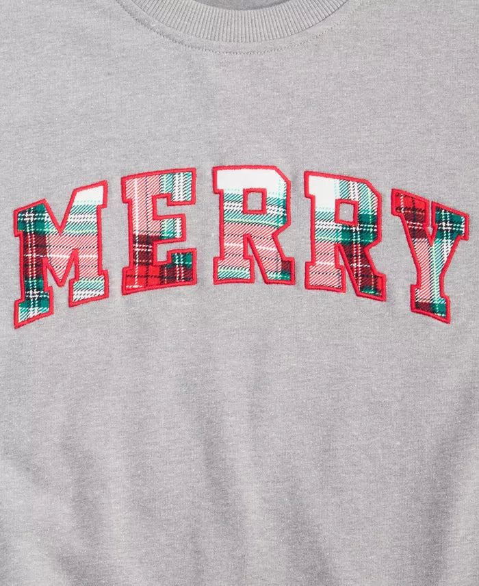 Plaid Merry Letter Pullover Sweatshirt with Soft Stretch for Holiday Gatherings