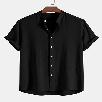 Linen Shirt and Pants Set with Stand Collar and Short Sleeves for Men