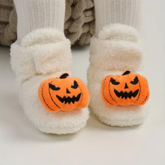 Childrens Ankle High Fleece Slippers with Halloween Print and Slip On Design