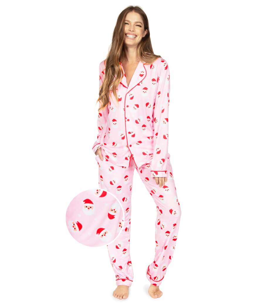 Pink Santa Print Lapel Pajama Set for Women Christmas Mornings and Cozy Holiday Nights