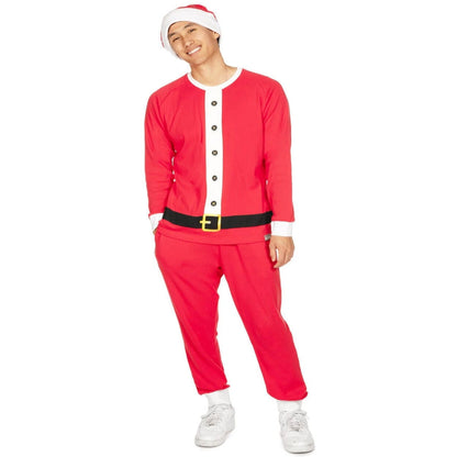 Mens Red Santa Squad Pajama Set with Crew Neck Top and Pocketed Drawstring Pants