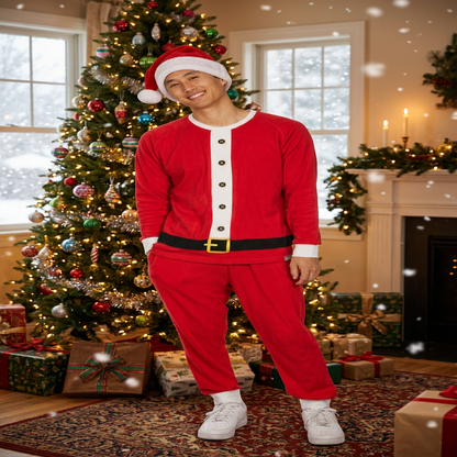 Mens Red Santa Squad Pajama Set with Crew Neck Top and Pocketed Drawstring Pants