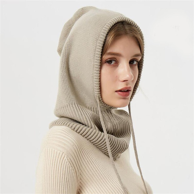 Wool Hooded Beanie with Adjustable Drawstrings and Wind Blocking Coverage