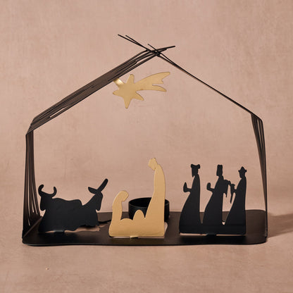 Bent Iron Nativity Silhouette with Golden Holy Family, Gold Star and a Built In Candle Cup