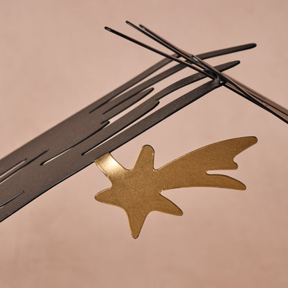 Bent Iron Nativity Silhouette with Golden Holy Family, Gold Star and a Built In Candle Cup