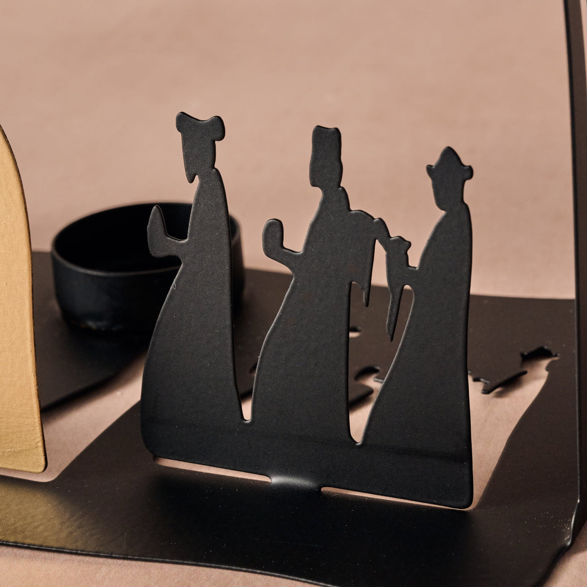 Bent Iron Nativity Silhouette with Golden Holy Family, Gold Star and a Built In Candle Cup