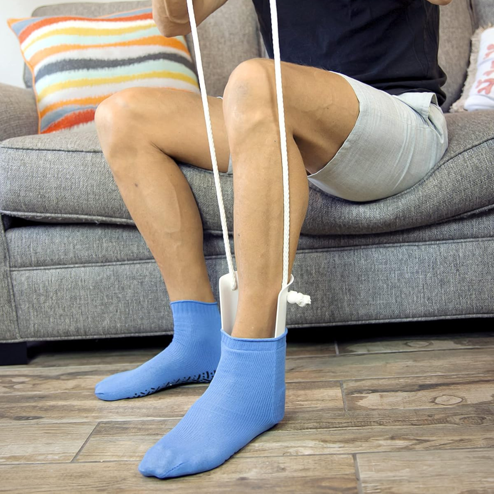 Sock Aid with Extended Handles and Sponge Grip Padding for Seated Dressing