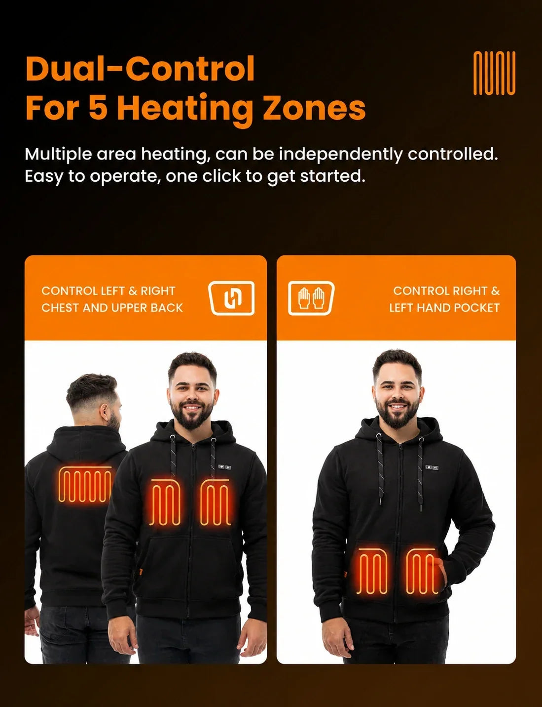 Heated Zip Hoodie with Five Warming Zones and Dual Zone Controls for Cold Weather