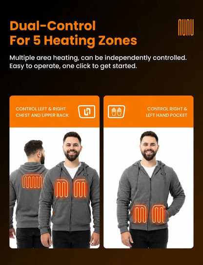 Heated Zip Hoodie with Five Warming Zones and Dual Zone Controls for Cold Weather