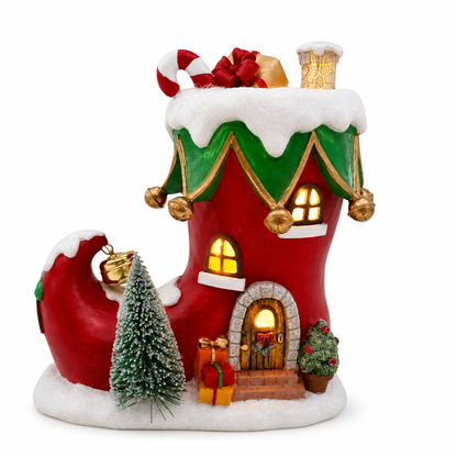 Boot House Holiday Decoration with LED Light and Molded Details