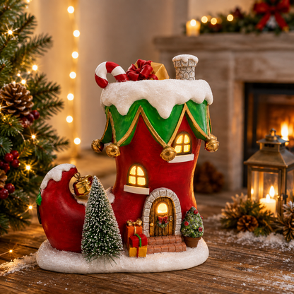 Boot House Holiday Decoration with LED Light and Molded Details