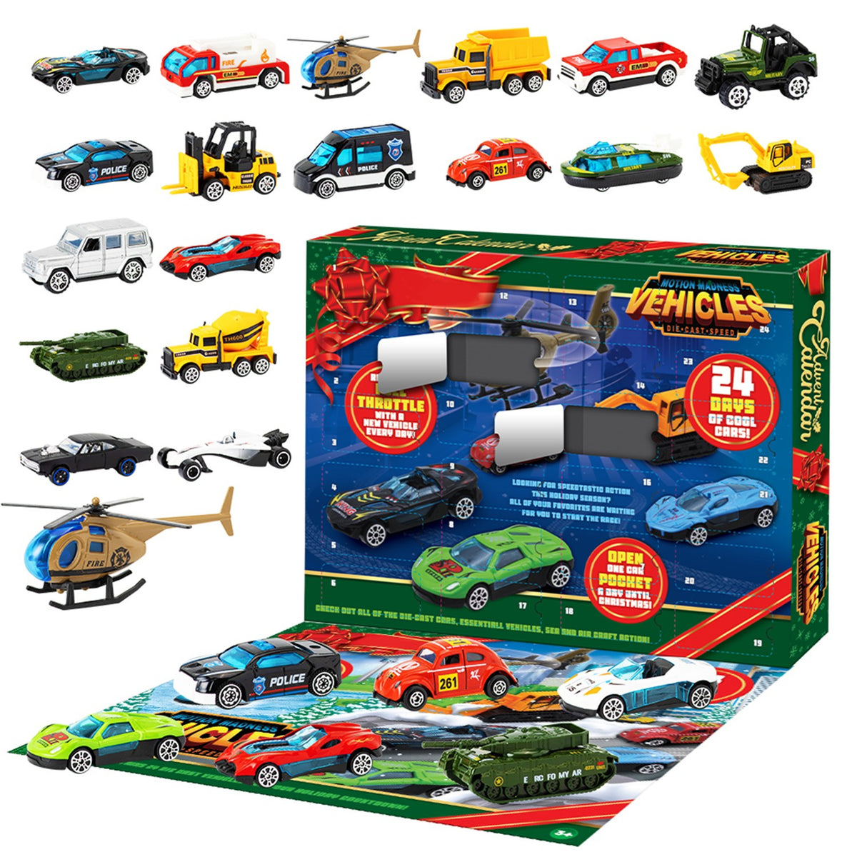 Mini Vehicle Countdown Calendar with 24 Tiny 1:64 Scale Cars and Trucks Behind Numbered Doors
