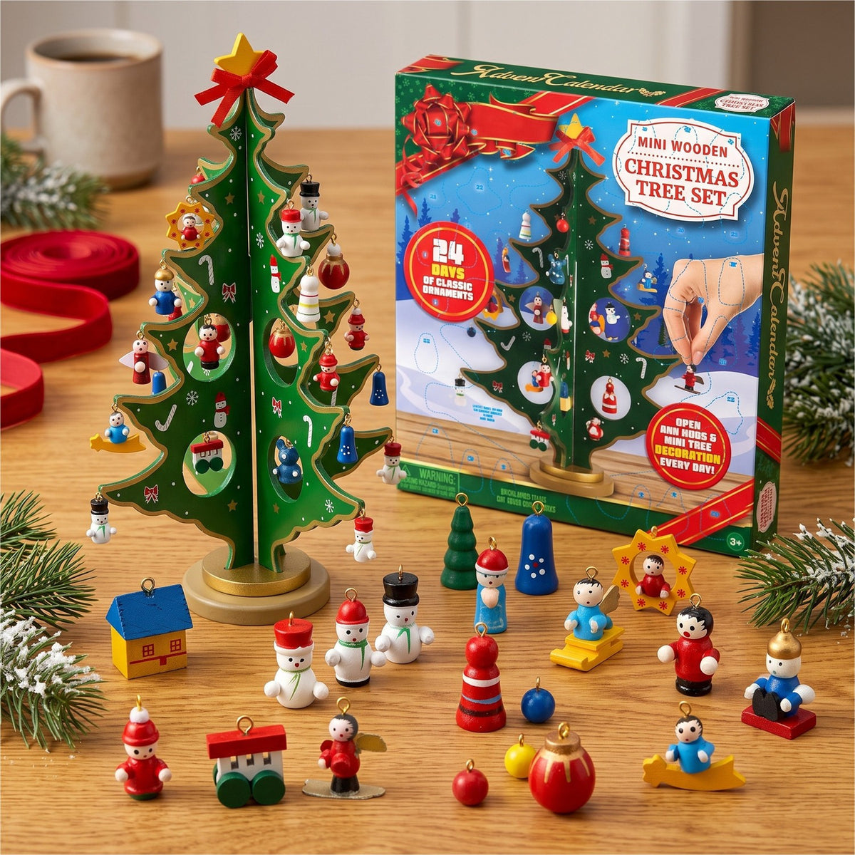 Mini Tabletop Christmas Tree Countdown Calendar with 24 Wooden Ornaments to Hang Daily